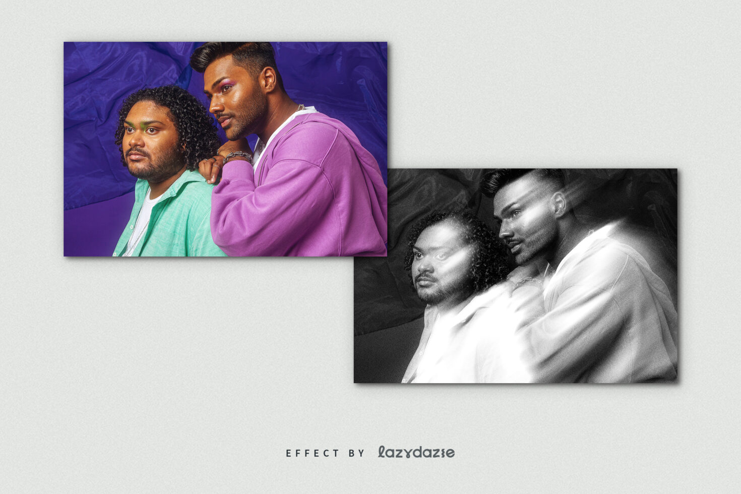 Two split-screen photos of men in colorful tops beside monochrome version