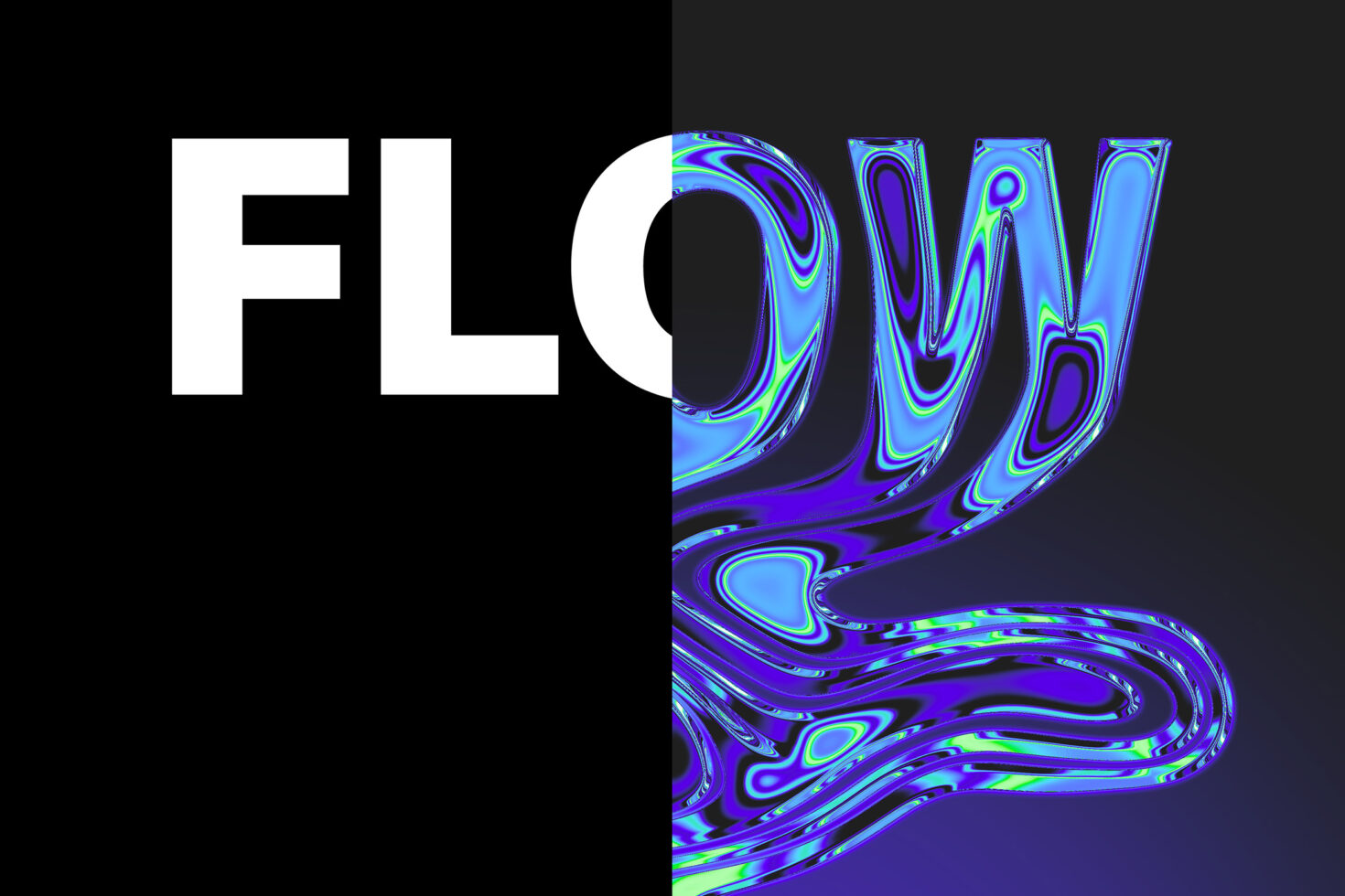 Flow letters in white, followed by liquid holographic swirls in purple lime
