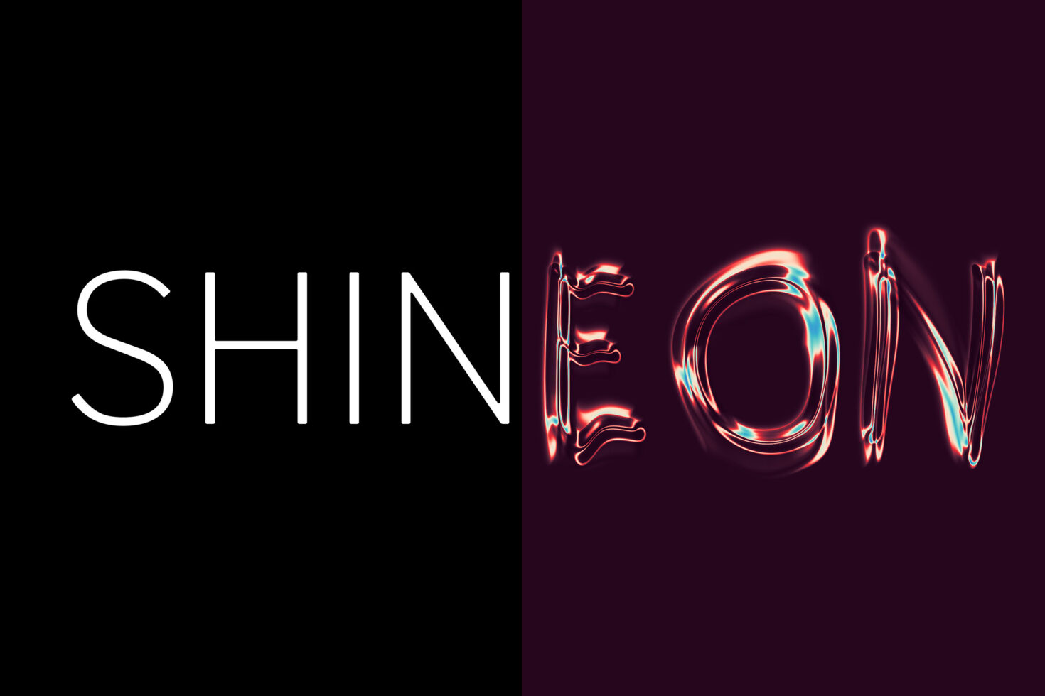 Split screen showing SHIN in white outline left, EON in neon chrome right