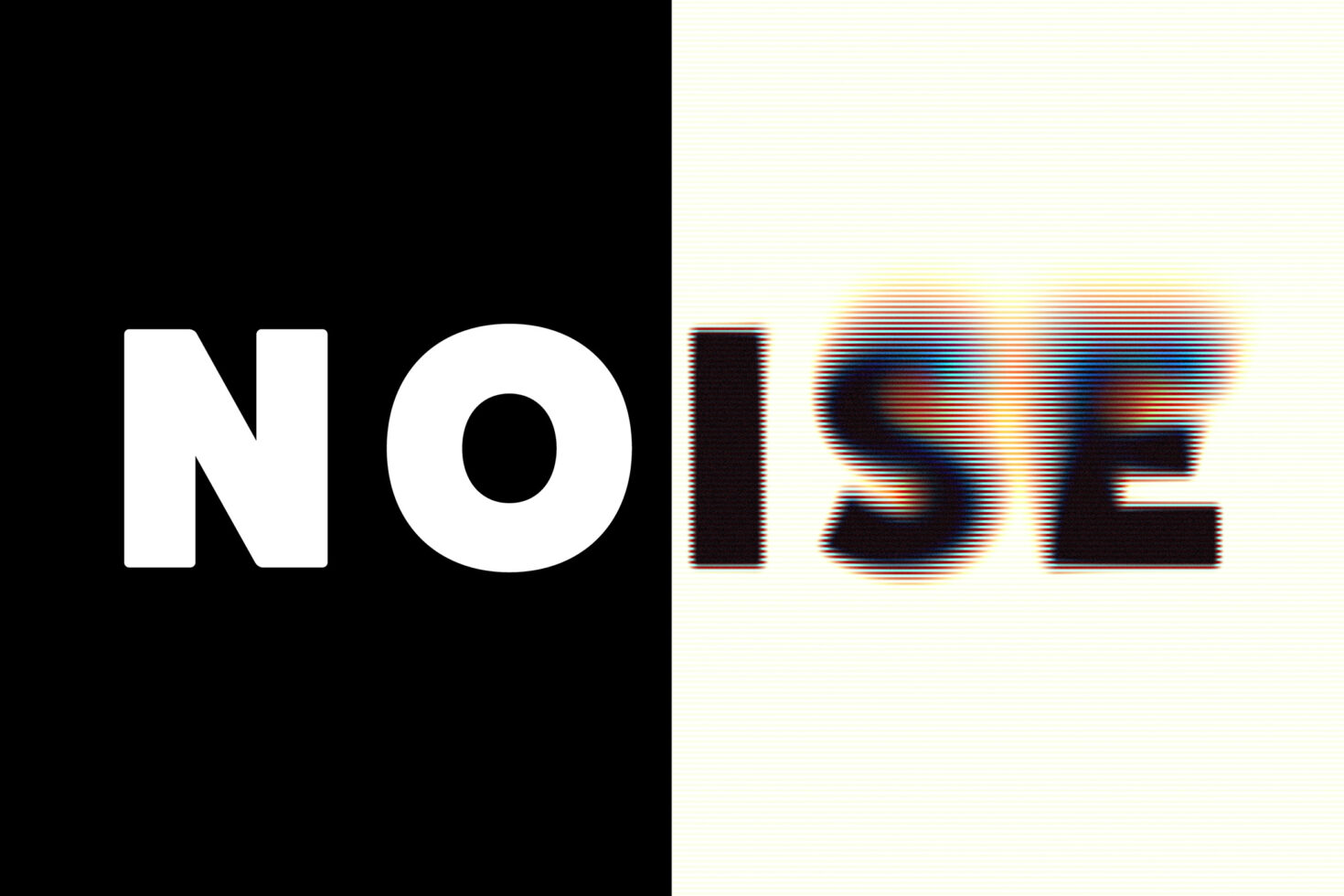 Split screen showing clean text left side, right side has rainbow scan line glitch