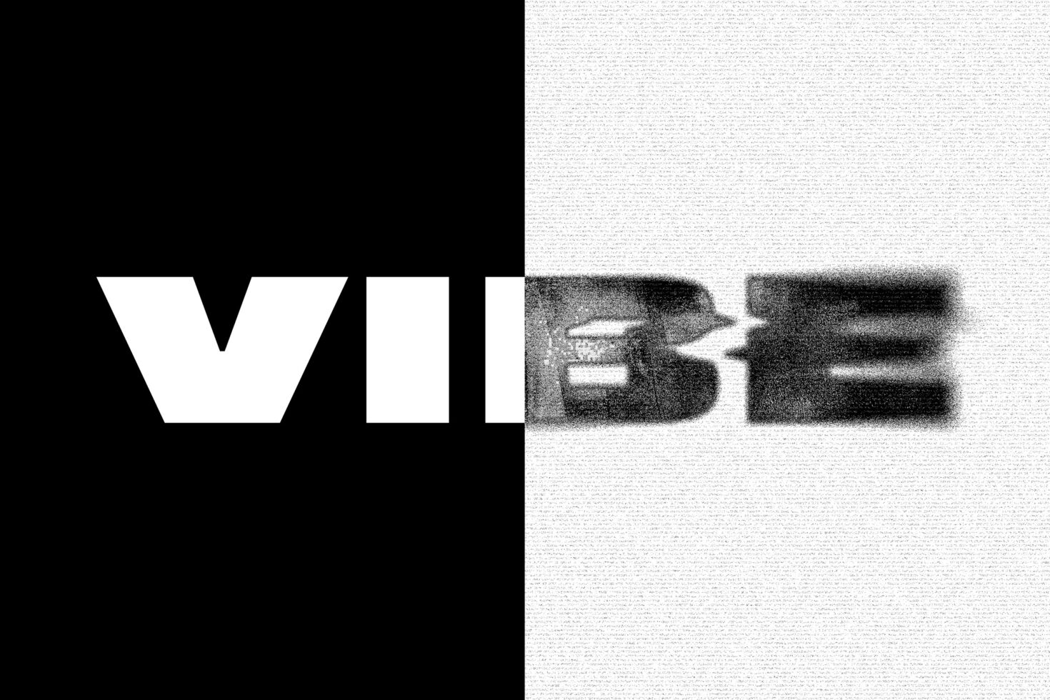 Split composition VI in white on dark left, pixelated blurred text on right side