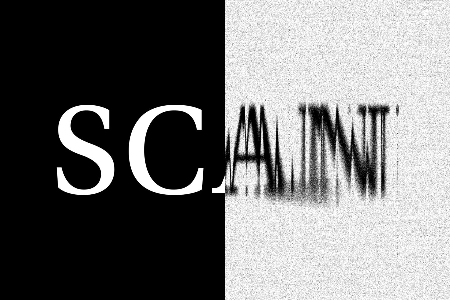 Split layout with SC in white on black left side, garbled distorted text on noisy right