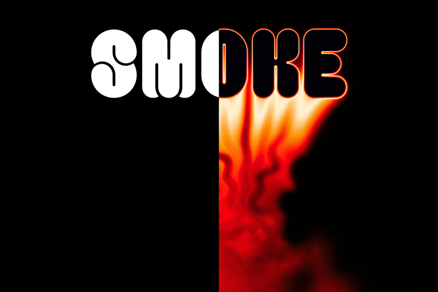 SMOKE text split white on left, orange neon outline right with flame effect