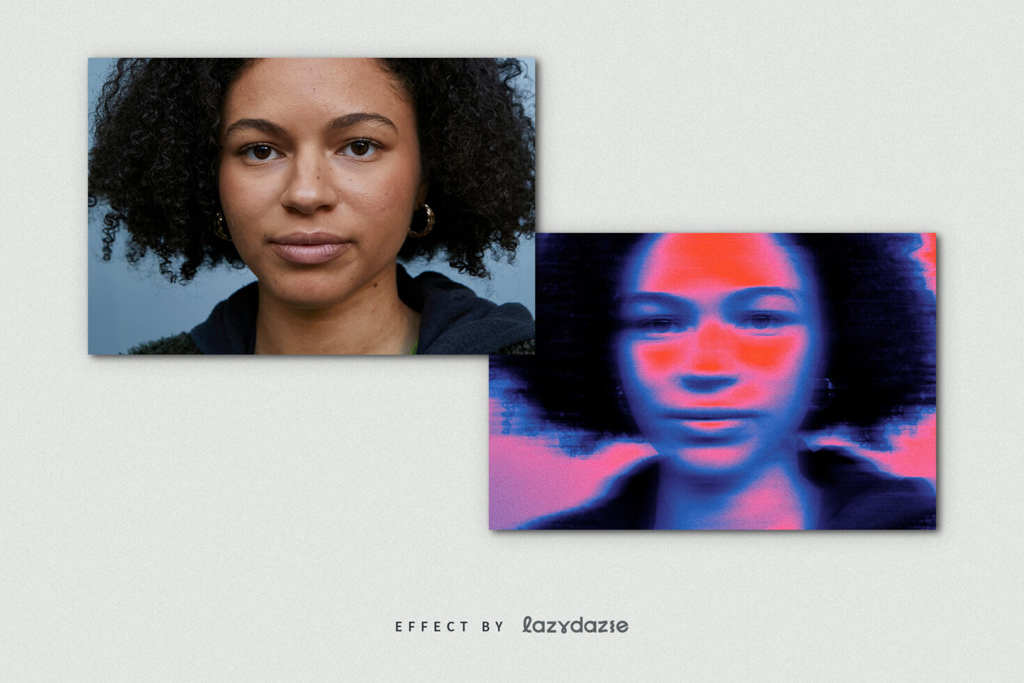 Split portrait with neon red blue glow effect applied to half the face