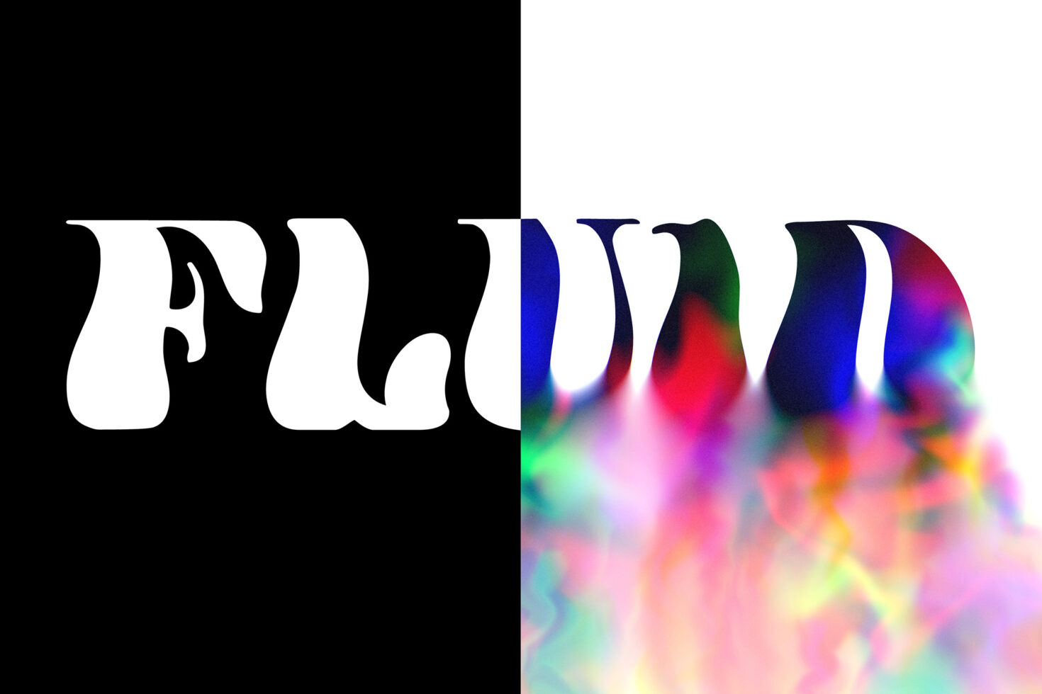 Bold curved typography with white letters, right side fills with vibrant rainbow gradient blur
