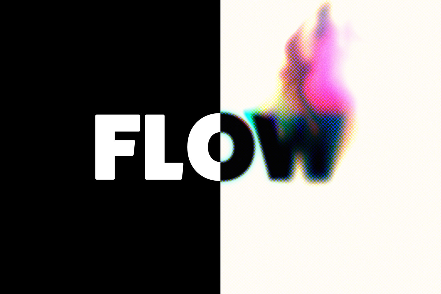 Split screen FLOW text with colorful pixelated chromatic distortion effect