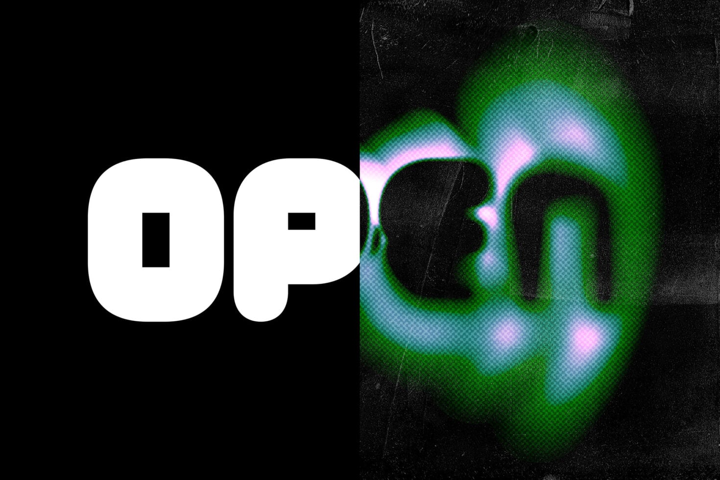 Split white OP letters left with holographic glitch effect right side