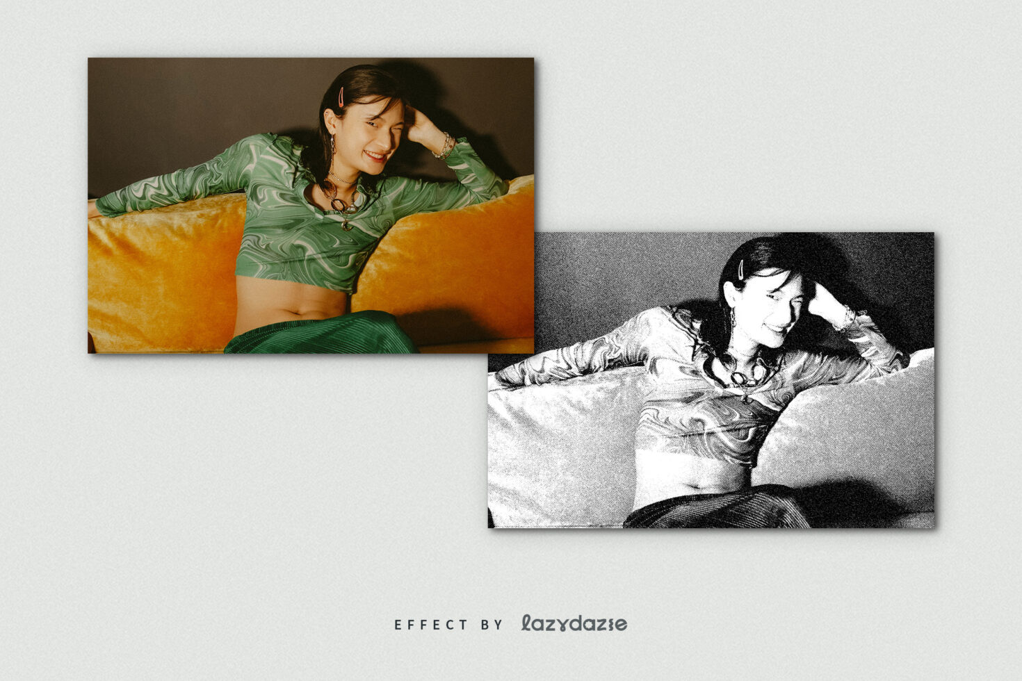 Two overlapping portrait photos in color, one in black white on couch