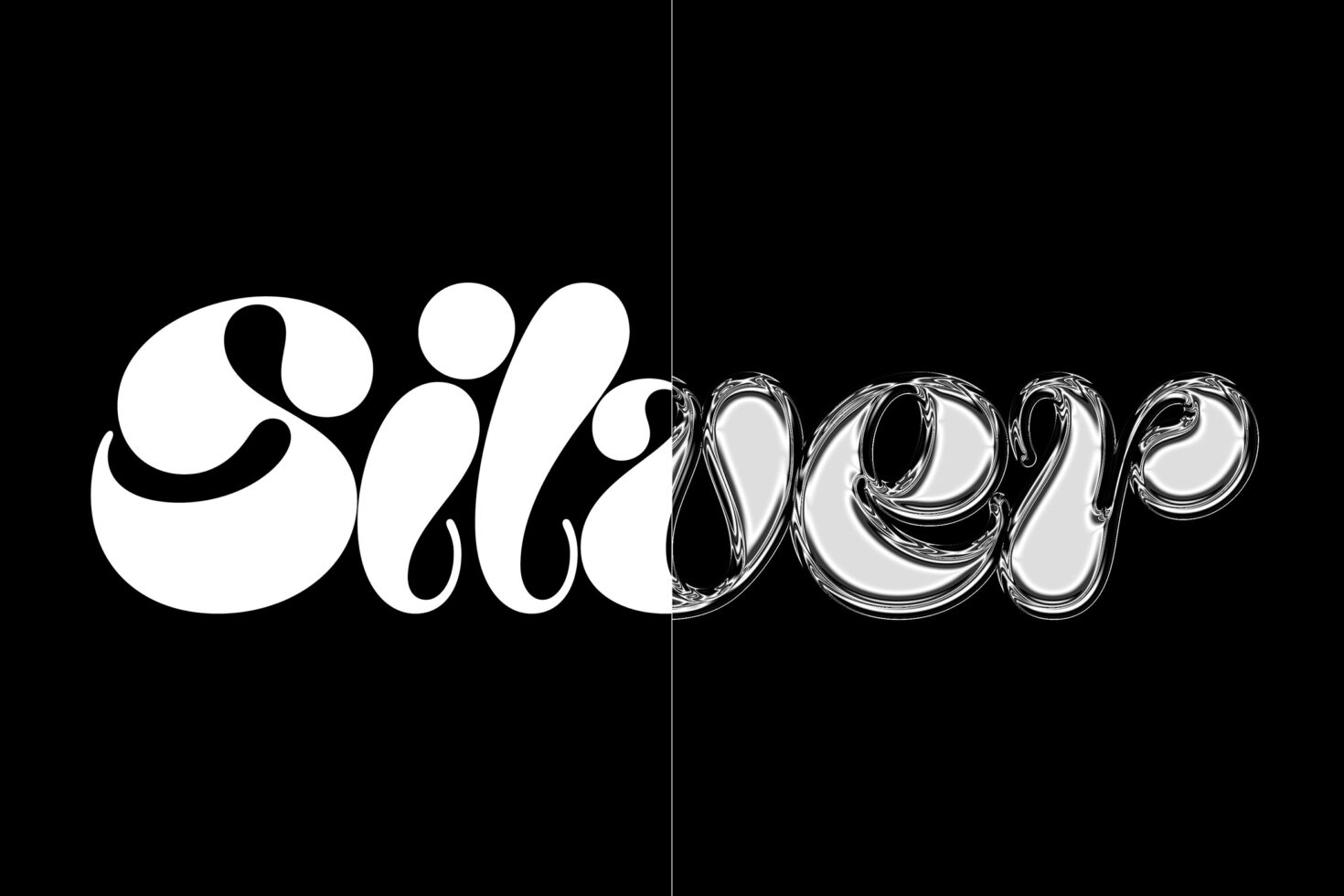 Split screen serif font showing solid white left side, liquid chrome right side