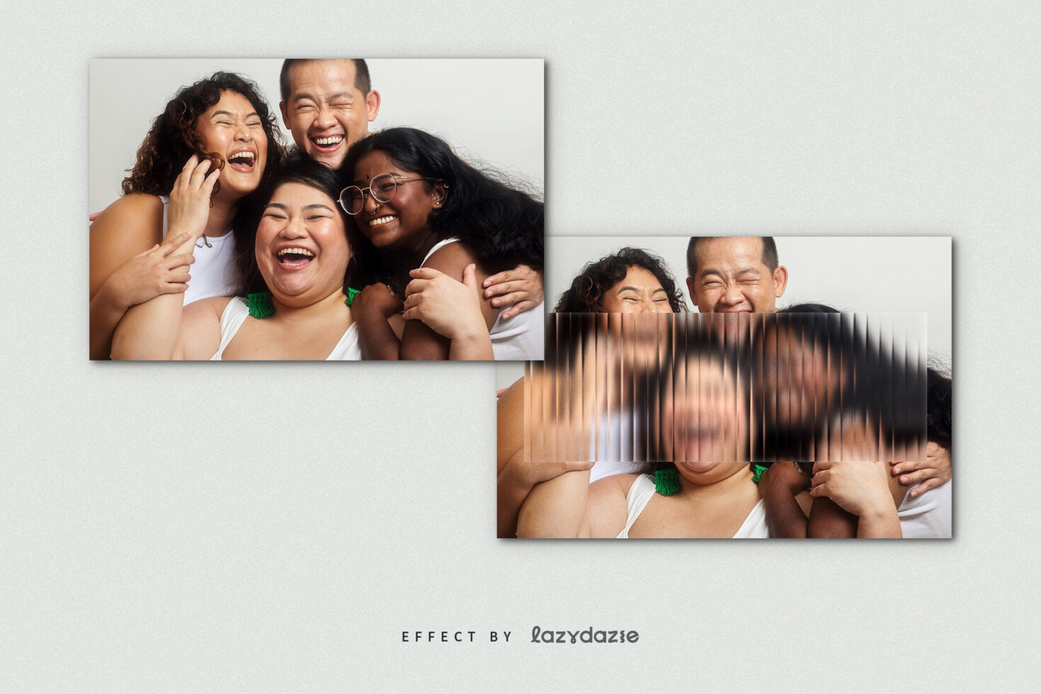 Group of four people laughing together, right image shows vertical line distortion effect