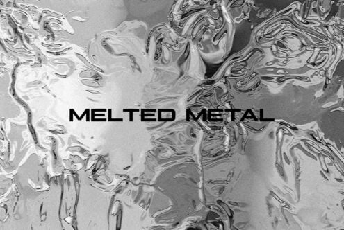 Melted Metal title over shiny liquid surface with flowing ripple effect