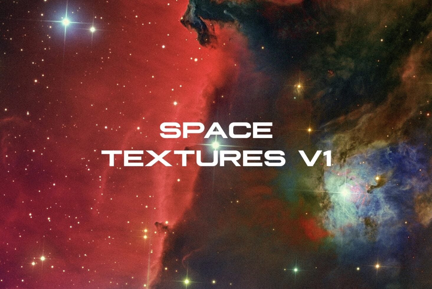 Space Textures V1 title over cosmic nebula with red gas, bright stars