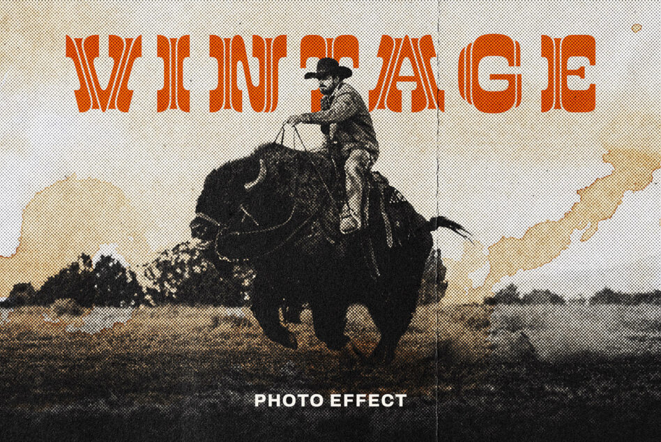 Western movie poster with cowboy on horse, orange halftone text overlay, aged film look