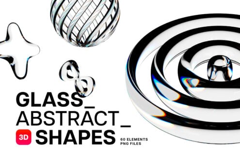 Glass Abstract 3D Shapes promo with 60 glossy PNG elements on white background