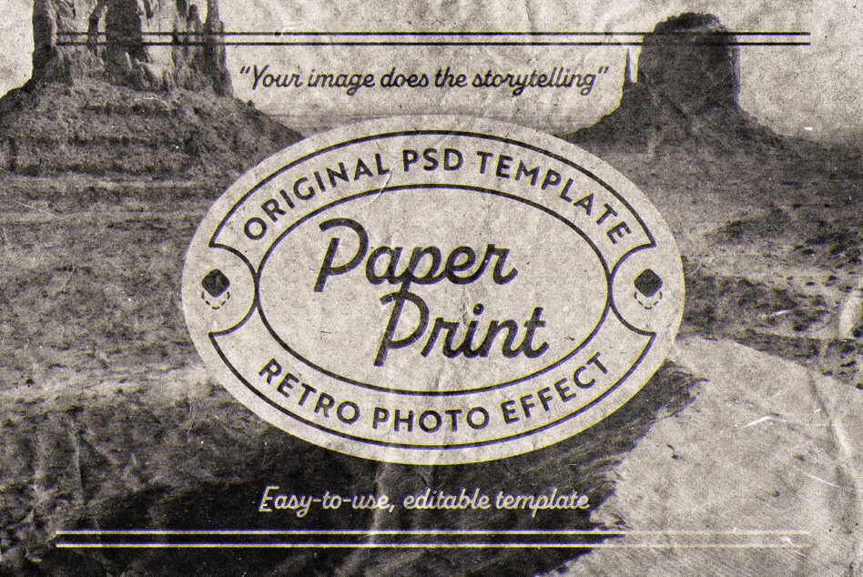 Weathered badge stamp reading Paper Print over landscape with retro grain texture