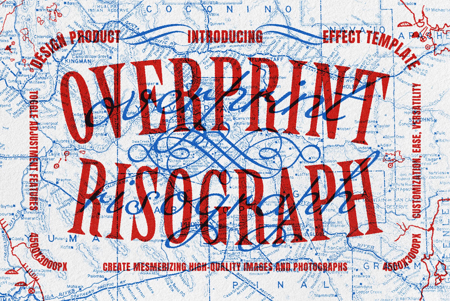Vintage map overlay with bold red Old Print Road text over blue route lines