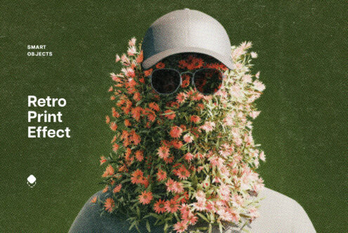 Person wearing white beanie with colorful flowers covering face, dark sunglasses, green background