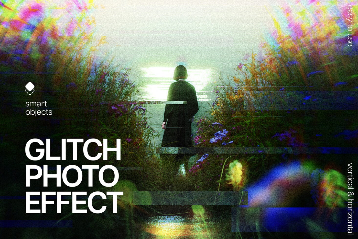 Person standing in forest facing light, scan line glitch photo effect mockup
