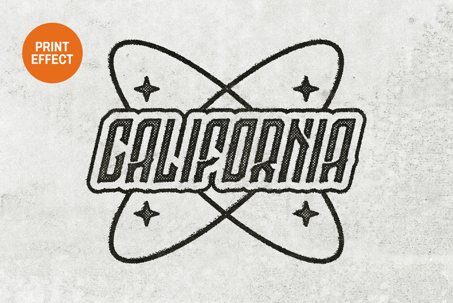Atomic bow symbol with crosshatch texture, four stars, orange print effect badge