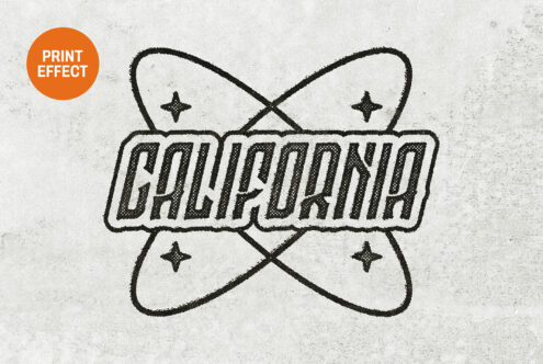 Atomic bow symbol with crosshatch texture, four stars, orange print effect badge