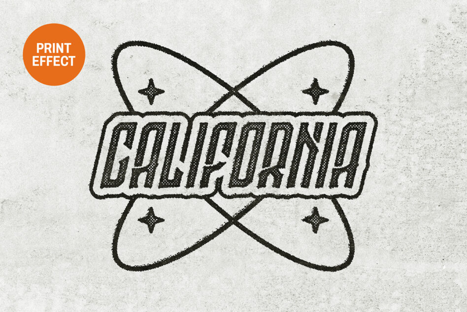 Atomic bow symbol with crosshatch texture, four stars, orange print effect badge