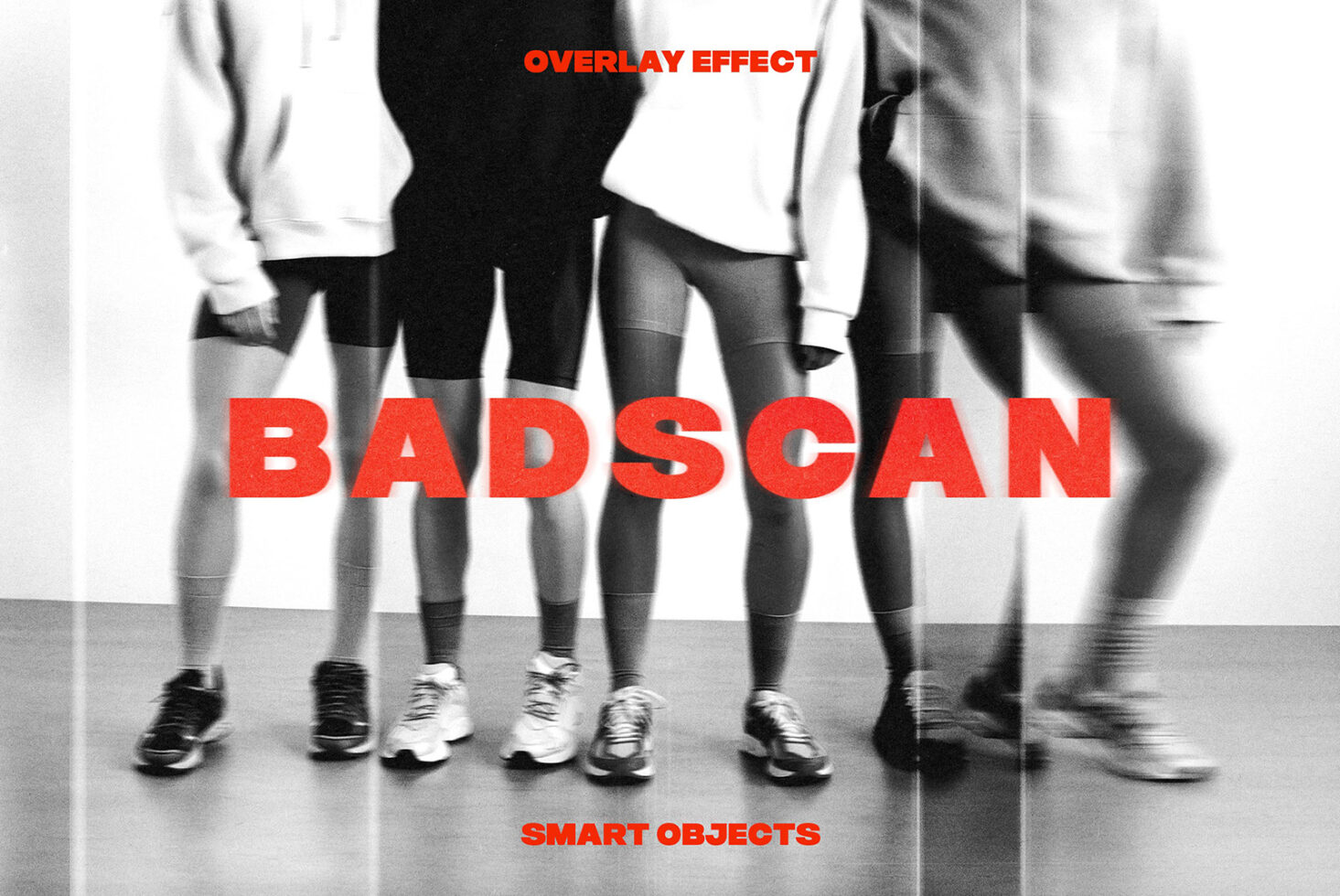 Red text overlay on motion-blurred group of people in athletic wear with horizontal scan lines