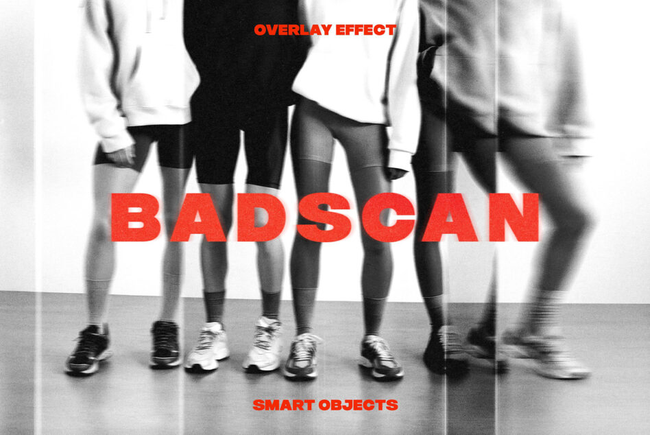 Red text overlay on motion-blurred group of people in athletic wear with horizontal scan lines