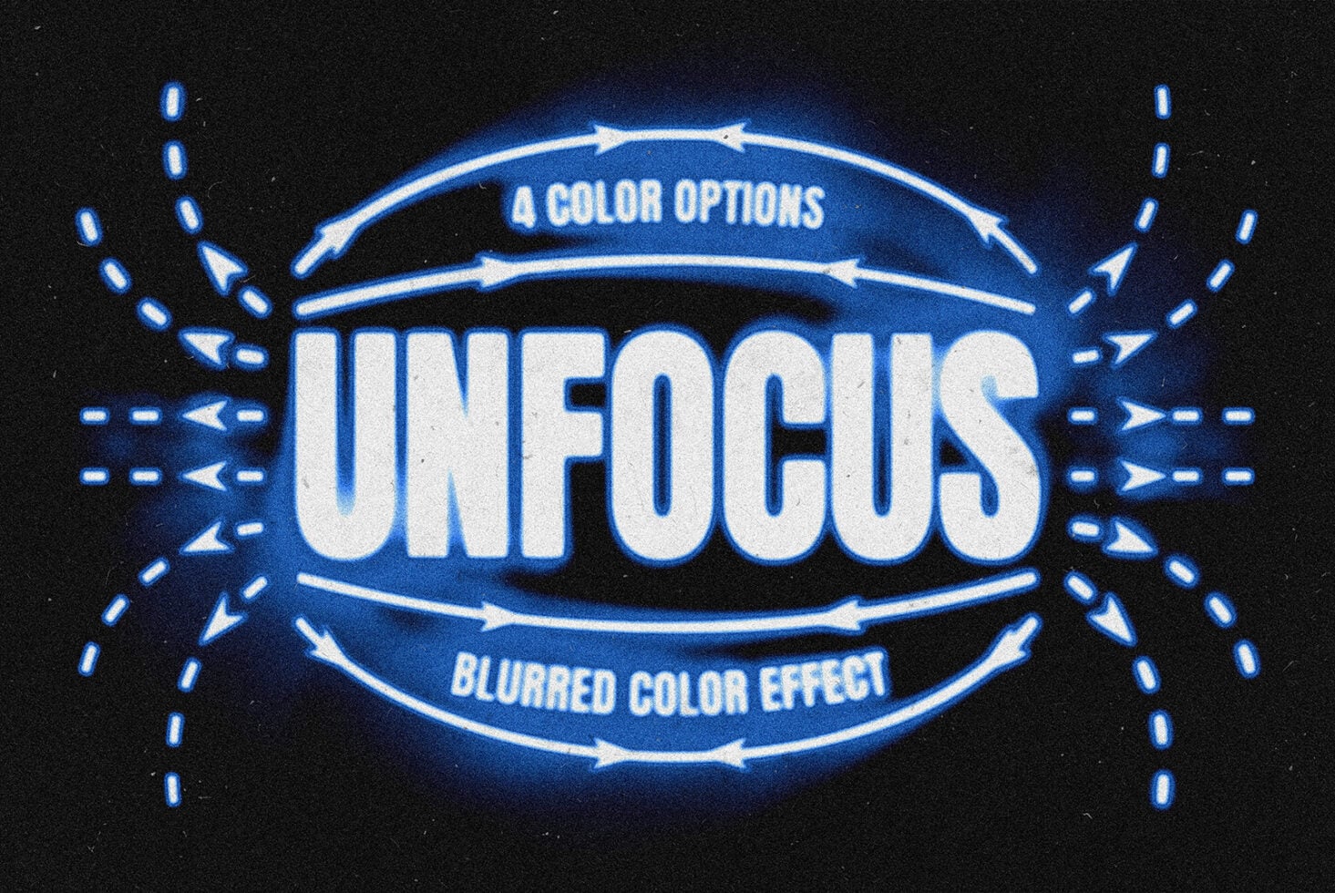 Blue neon text saying UNFOCUS with glowing orbs, curved banners, blurred color effect