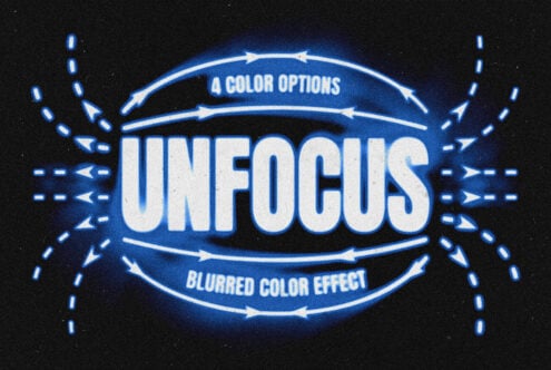 Blue neon text saying UNFOCUS with glowing orbs, curved banners, blurred color effect