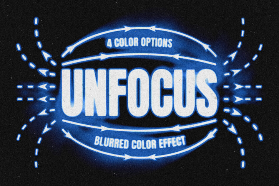 Blue neon text saying UNFOCUS with glowing orbs, curved banners, blurred color effect