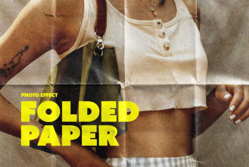 Folded paper effect mockup overlaying vibrant fashion photo with bright yellow text
