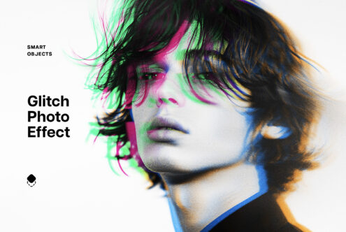 Glitch photo effect design template with vibrant colors and smart objects for creative designers. Perfect for digital graphics mockups and artistic projects.