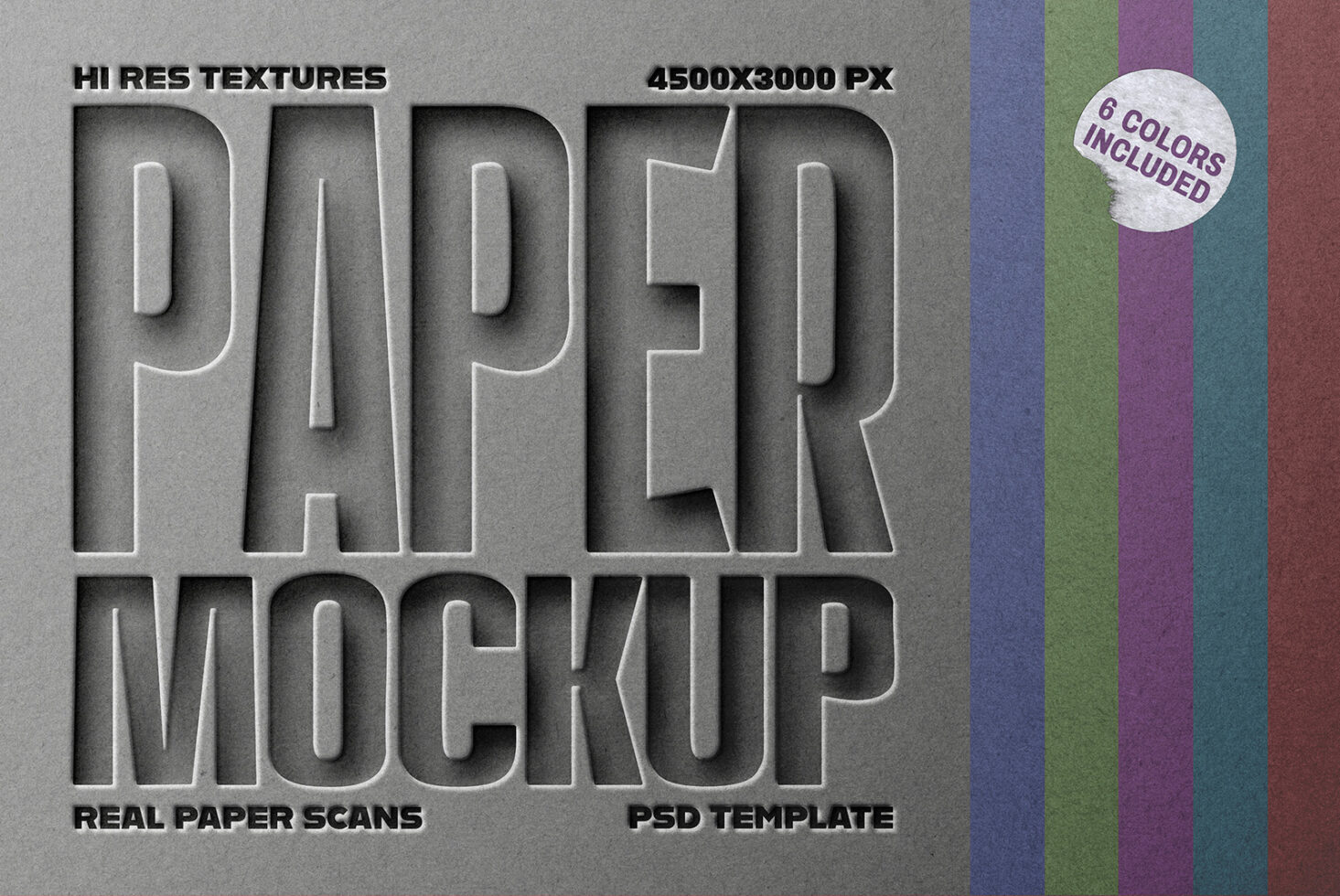 Paper texture mockup showing carved letters with six color swatch options included