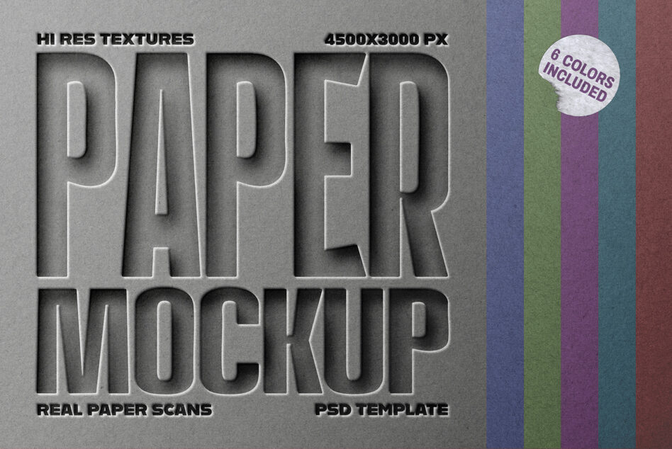 Paper texture mockup showing carved letters with six color swatch options included