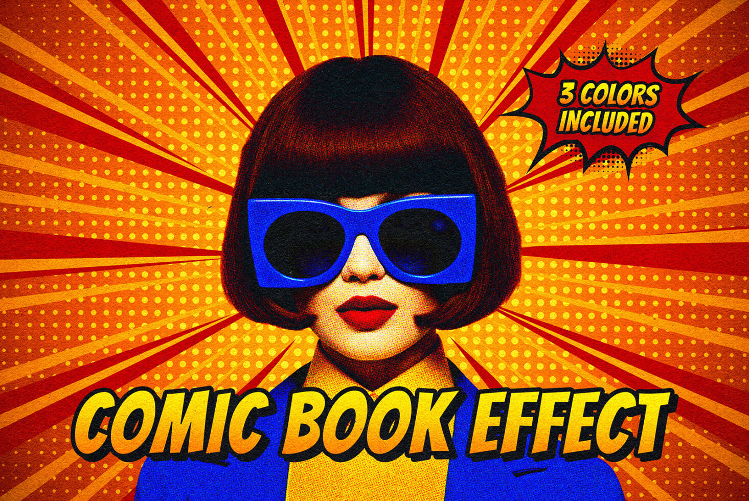 Comic book style portrait with bold blue sunglasses on yellow orange halftone background