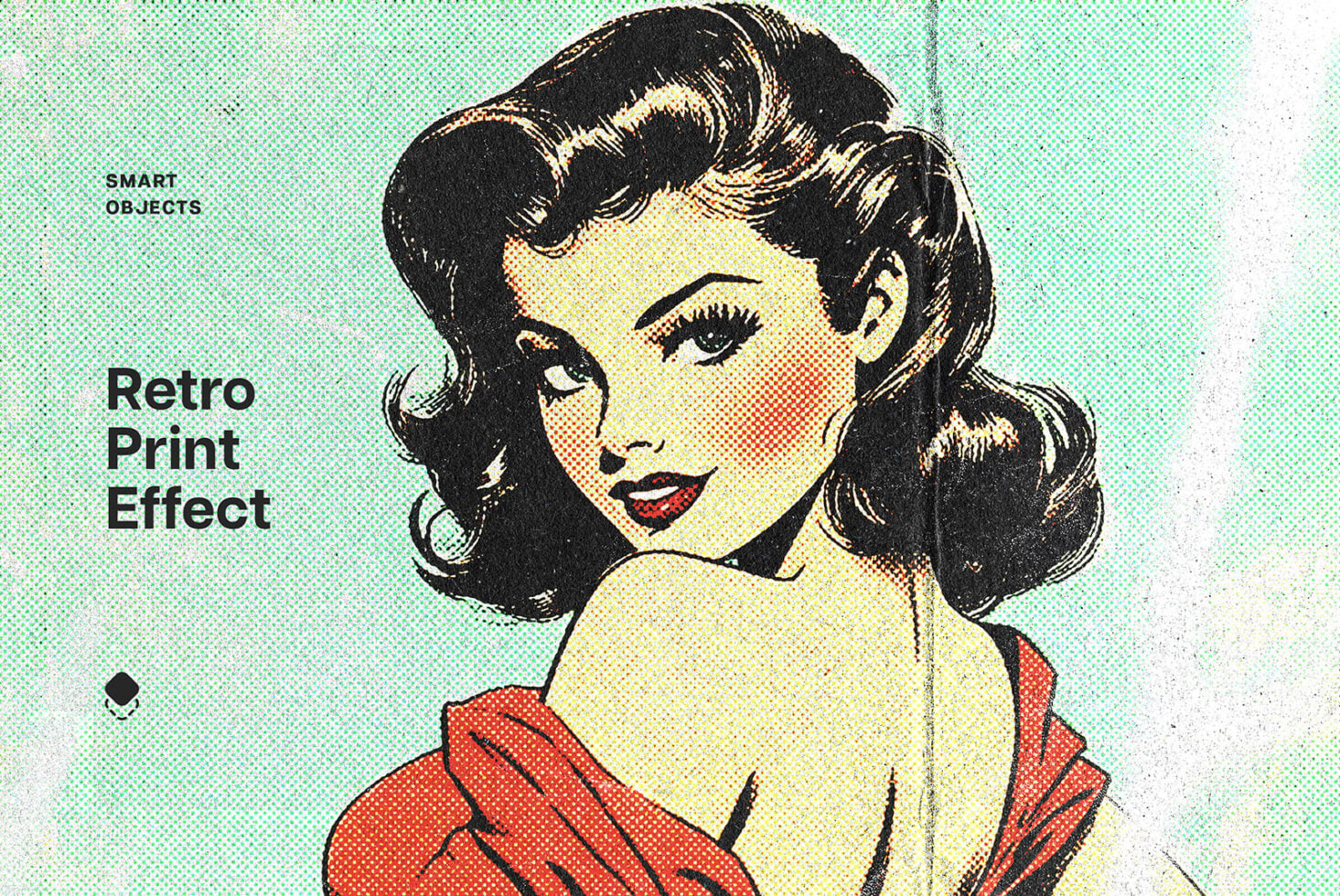 Retro halftone portrait with turquoise background, woman in red shirt with bold makeup
