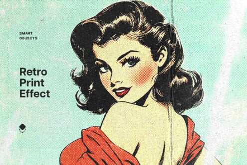Retro halftone portrait with turquoise background, woman in red shirt with bold makeup