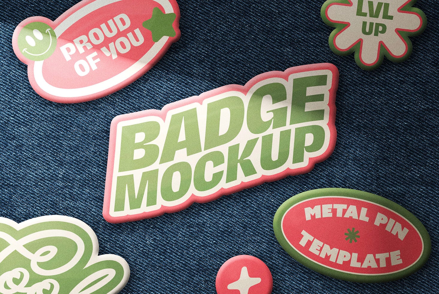 Collection of retro stickers including Badge Mockup text, stars, lvl up in pink green