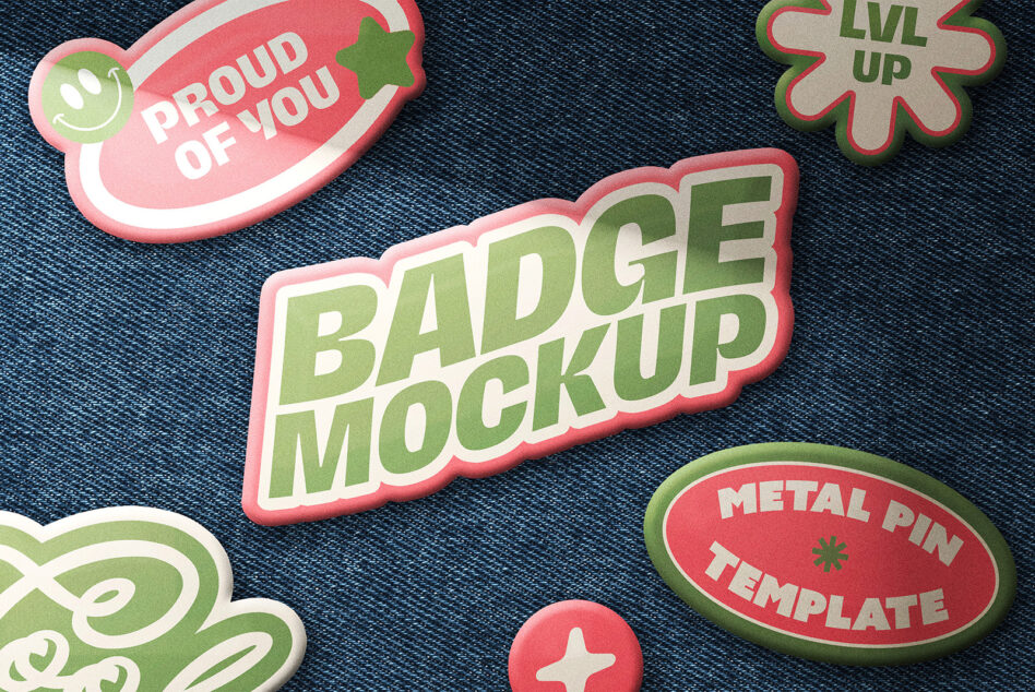 Collection of retro stickers including Badge Mockup text, stars, lvl up in pink green