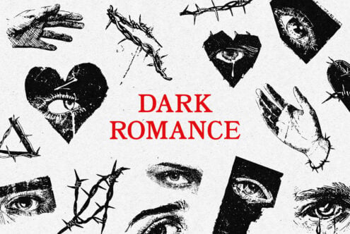 Dark romance collection with eyes, thorns, hands, hearts in grungy black ink style