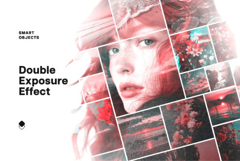 Double exposure effect smart object mockup woman's face merged with beach flowers nature scenes