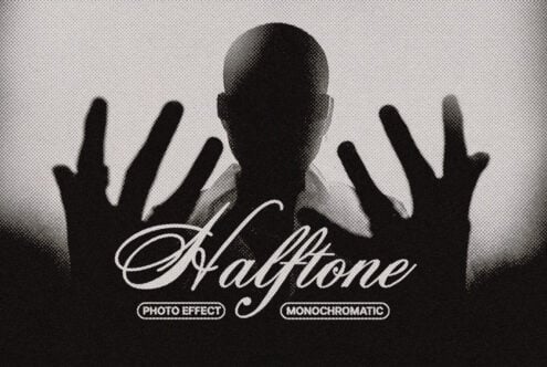 Halftone effect with script text over silhouetted raised hands