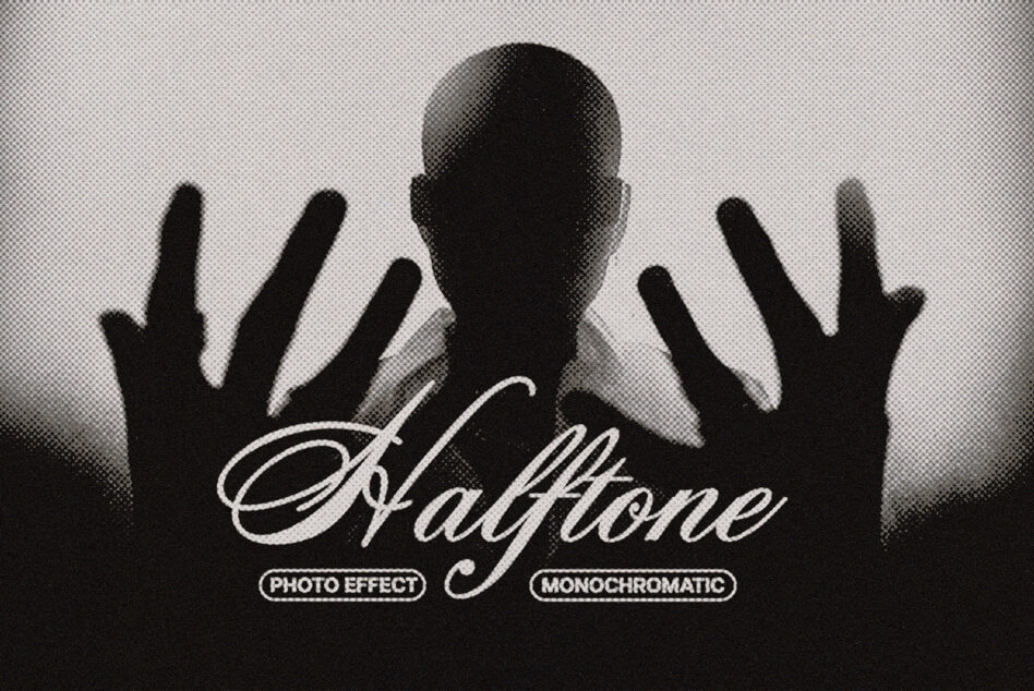 Halftone effect with script text over silhouetted raised hands
