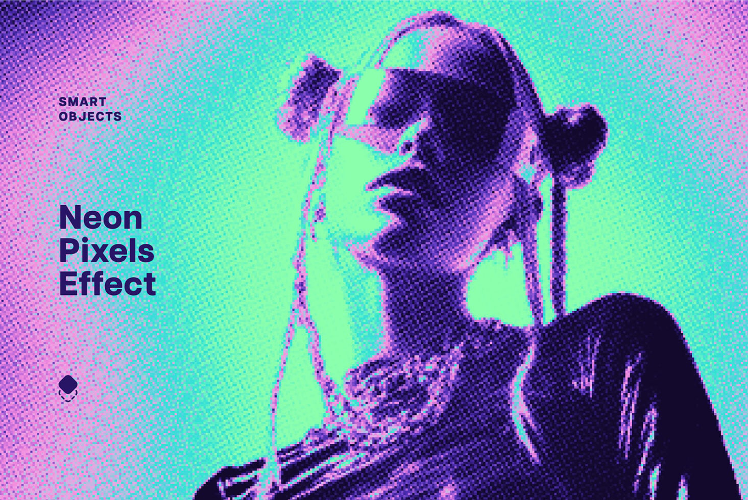 Woman holding phone with neon pixels effect over magenta cyan gradient background