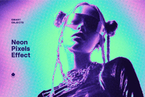 Woman holding phone with neon pixels effect over magenta cyan gradient background