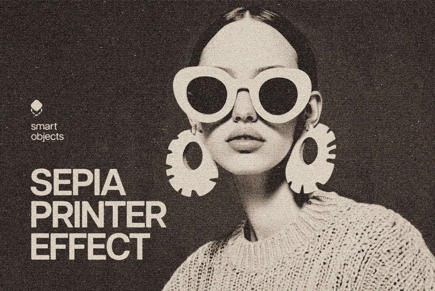 Retro sepia print effect mockup with oversized white goggles on face, geometric earrings