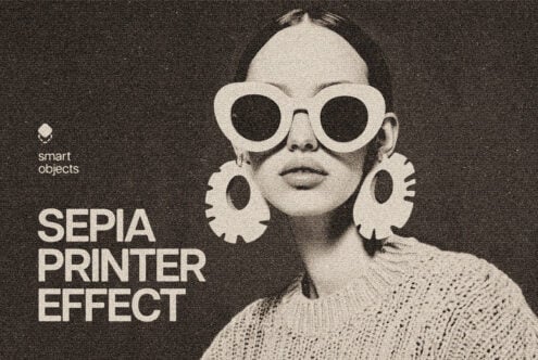 Retro sepia print effect mockup with oversized white goggles on face, geometric earrings