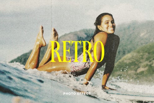 Vintage surf photo with bold yellow RETRO text overlay, woman on board in ocean