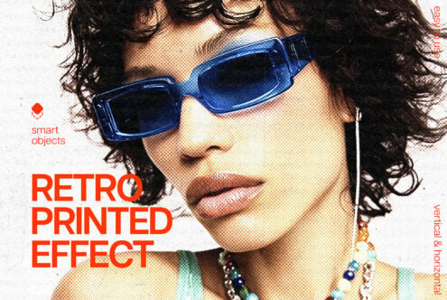 Person wearing blue rectangular sunglasses with halftone print effect overlay