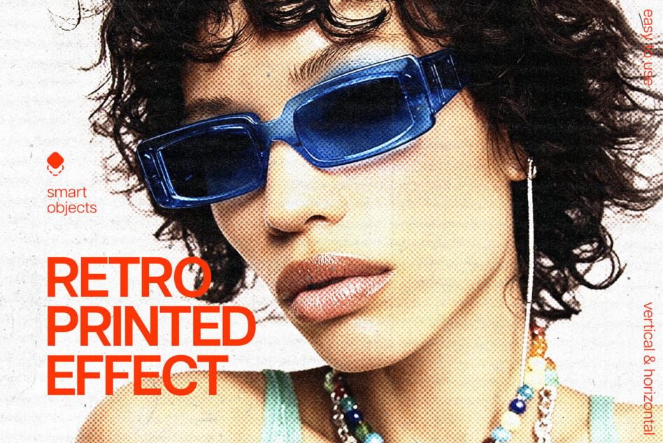 Person wearing blue rectangular sunglasses with halftone print effect overlay